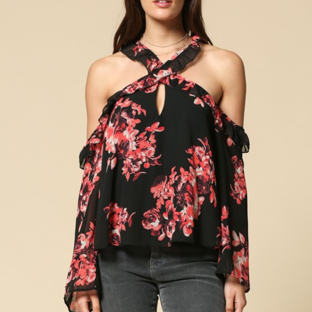 NWT Crossed Choker Cold Shoulder Ruffle Floral Top